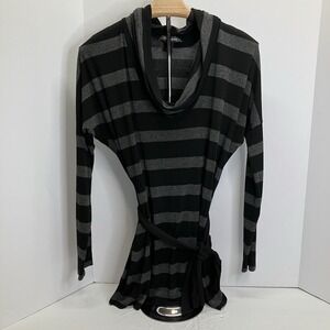 White House Black Market‎ Womens Black Striped Cowl Neck Belted Long Slv Shirt M